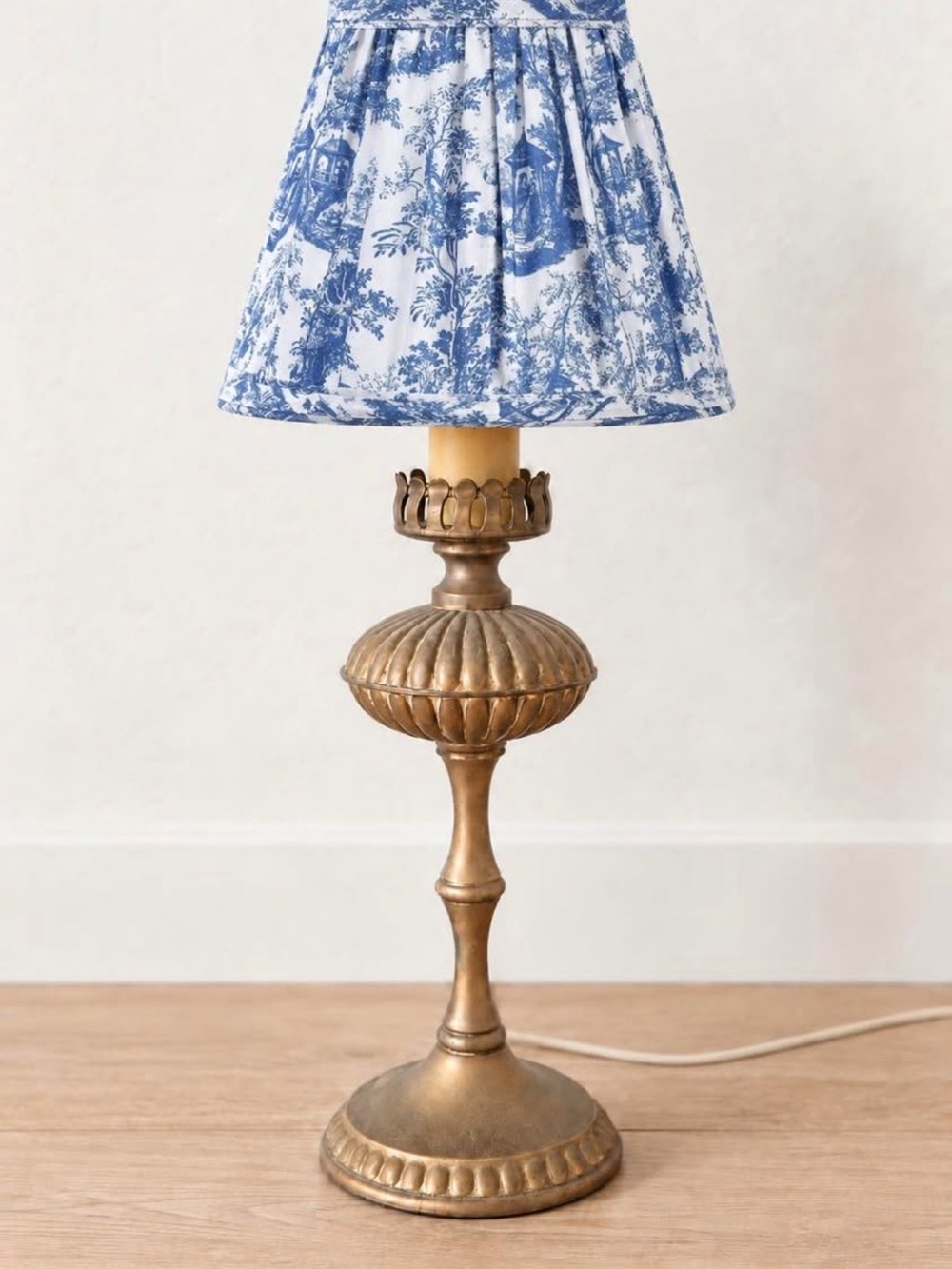 Vintage Antique Solid Brass Table Lamp with Blue Toile Shade